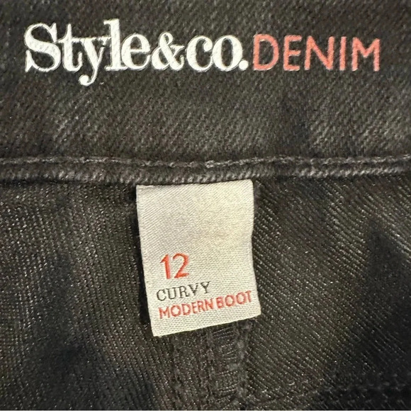 Style & Co Denim Curvy Modern Boot Black Denim with Bedazzled Pockets Size 12 - Picture 7 of 11